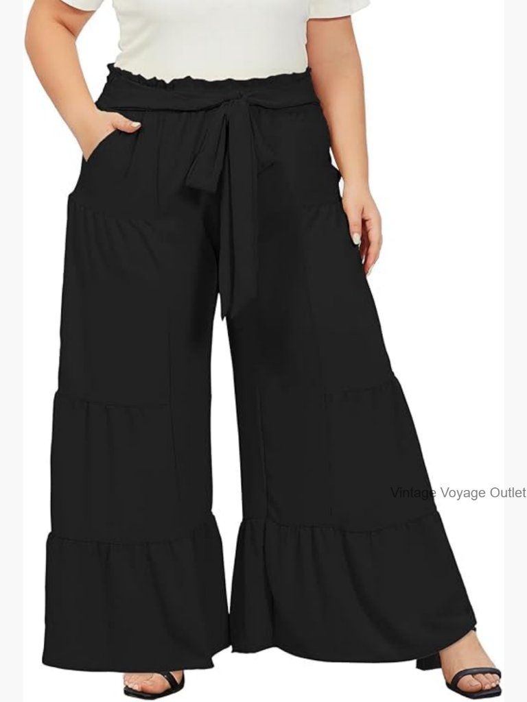 Plus Size Wide Leg Palazzo Pants High Waisted Flowy Casual With Pockets